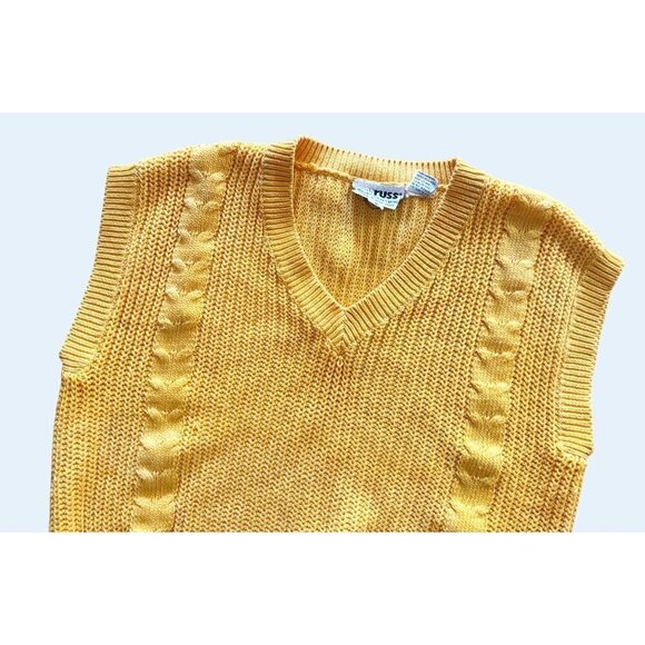 Vintage RUSS Yellow Cable Knit Sleeveless Sweater 80s / 90s Size Sm - Picture 3 of 7